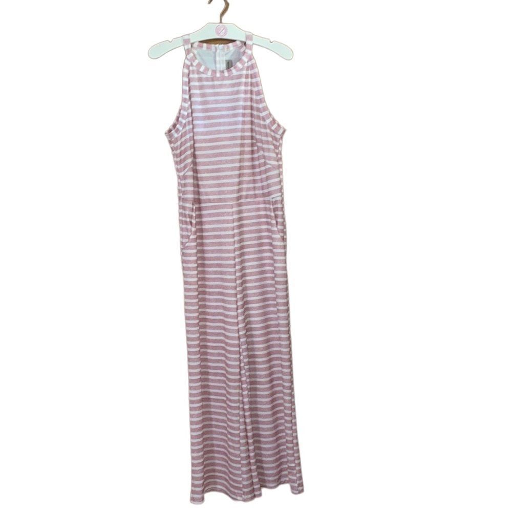 •ePRETTY• pink/white striped pants romper with pockets in a size Large